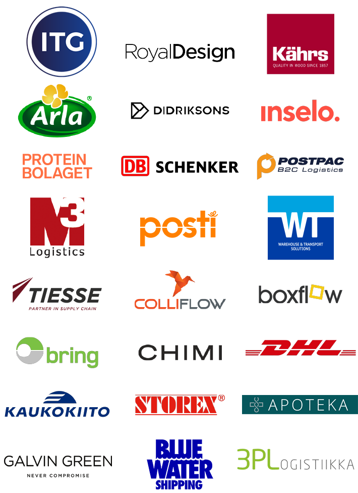 Ongoing customers: RoyalDesign, Arla, Kährs, Postpac, Posti, Tiesse, Boxflow, DHL, Bring, Storex, BWS, DB Schenker