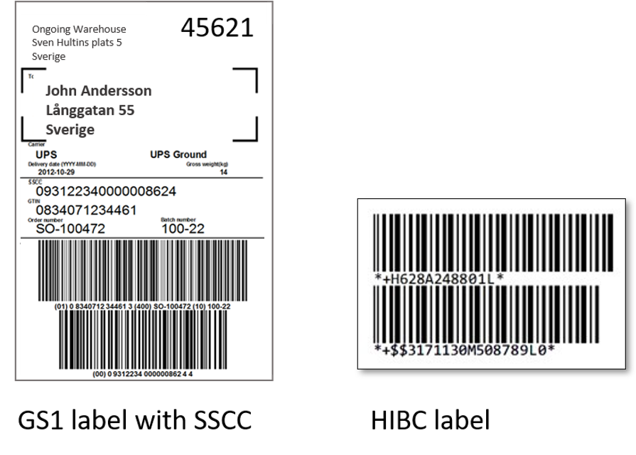 Example of GS1 label with SSCC and HIBC label for logistics and traceability