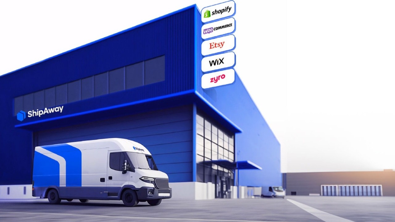 ShipAway warehouse and delivery van with e-commerce integrations including Shopify, WooCommerce, Etsy, Wix and Zyro