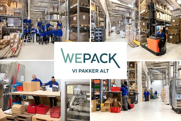 WePack lager och personal i arbete – logotyp med texten "Vi pakker alt"