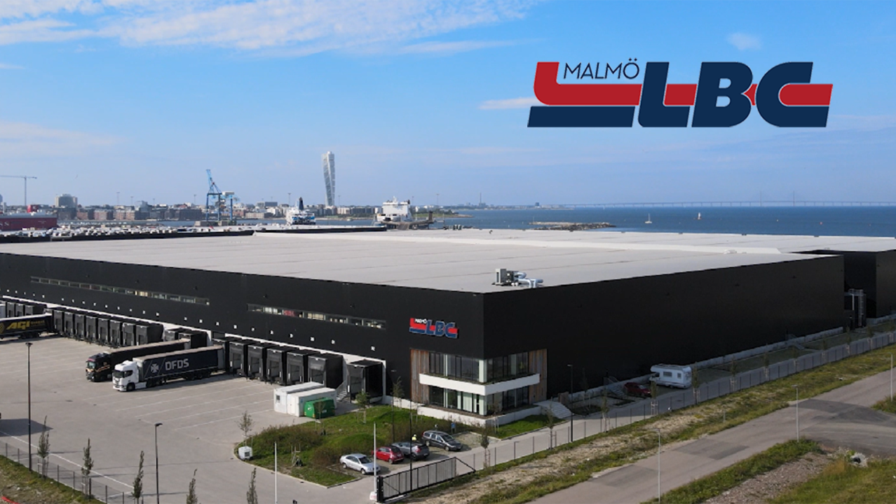 Malmö LBC logistics terminal by the harbor with company logo on the building