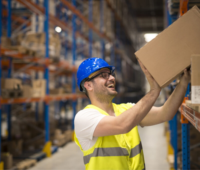 Glad lagerarbetare med skyddsutrustning