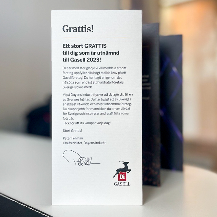Congratulations letter from Dagens industri for the Gazelle 2023 award