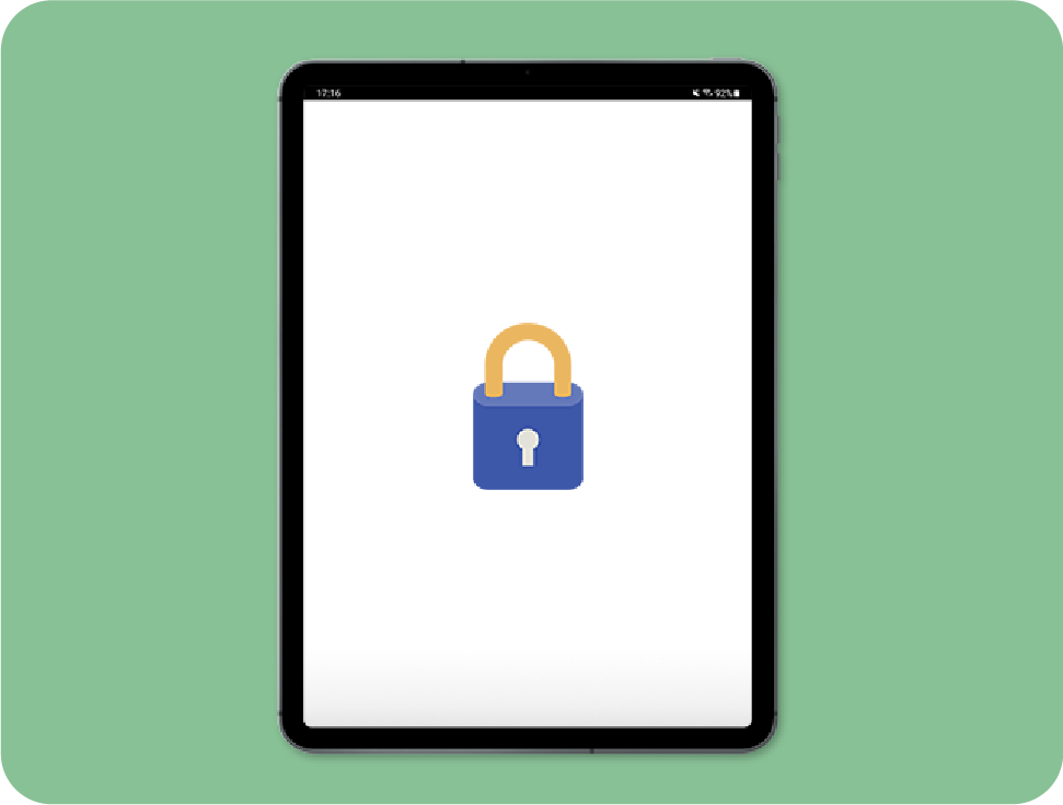 Tablet screen displaying a padlock symbol representing security.
