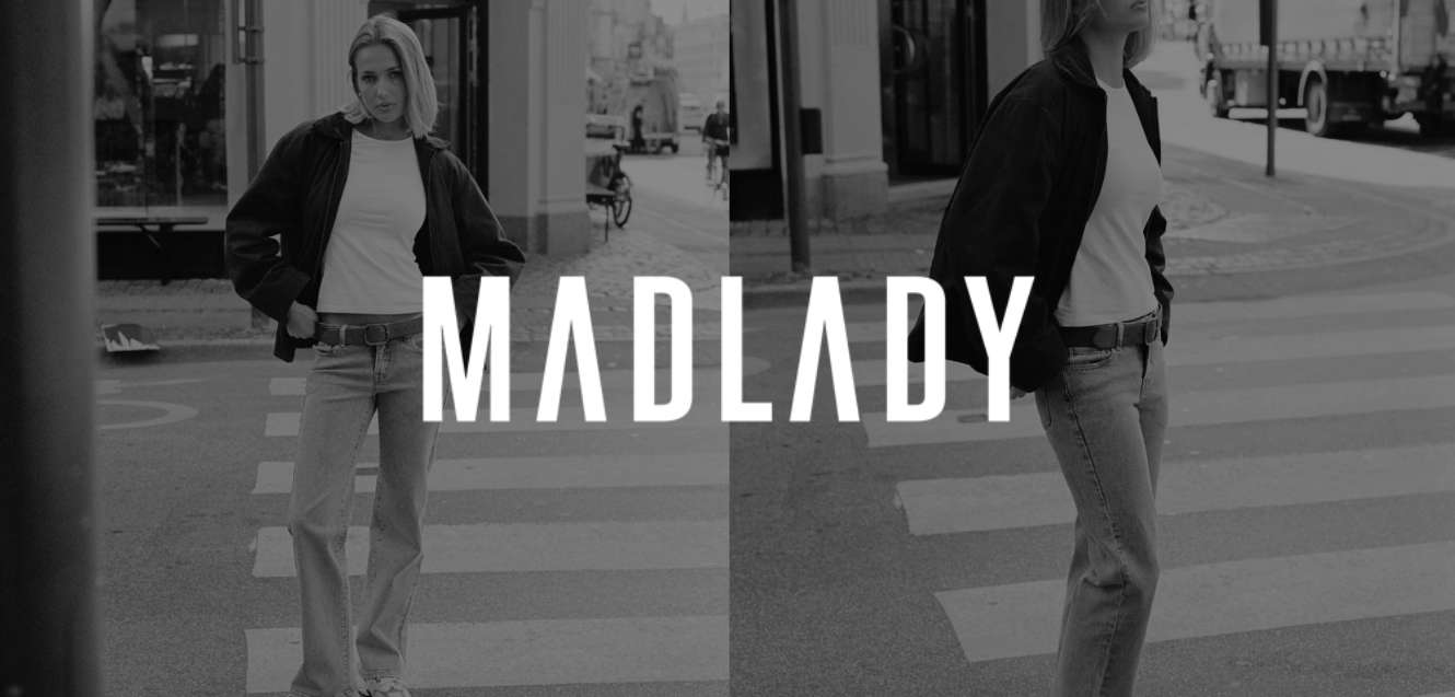 Black and white fashion photo with woman in jeans and jacket and Madlady logo in the center