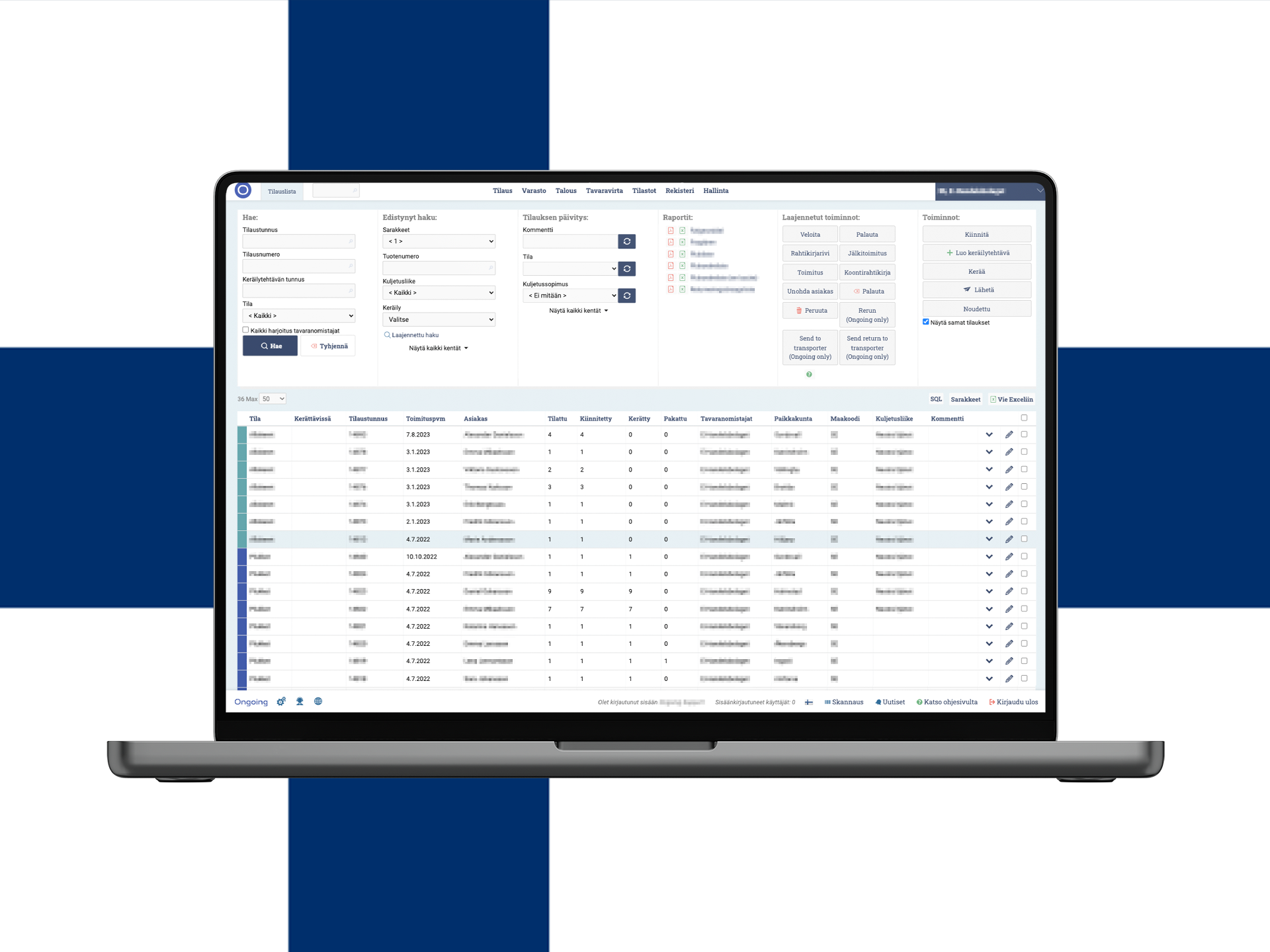 Laptop with the interface of Ongoing WMS with the Finnish flag in the background