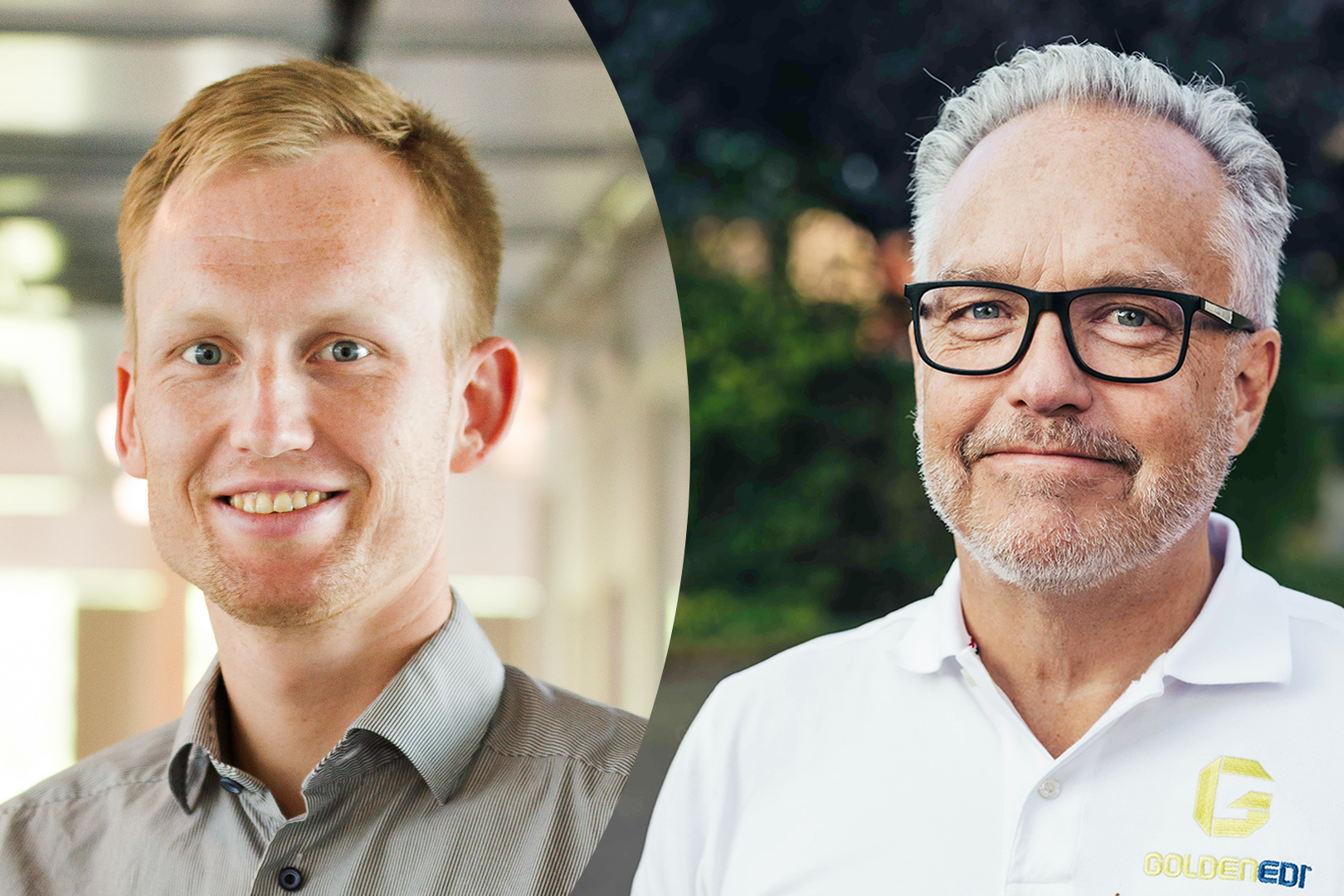 Two portrait pictures next to eachother, of two smiling men