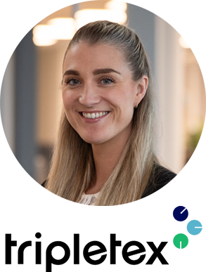 Smiling woman with tripletex logo underneath picture