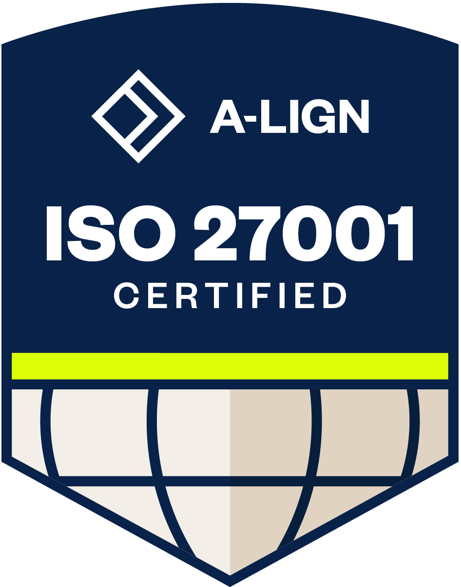 ISO 27001 certification mark from A-LIGN demonstrating compliance with information security