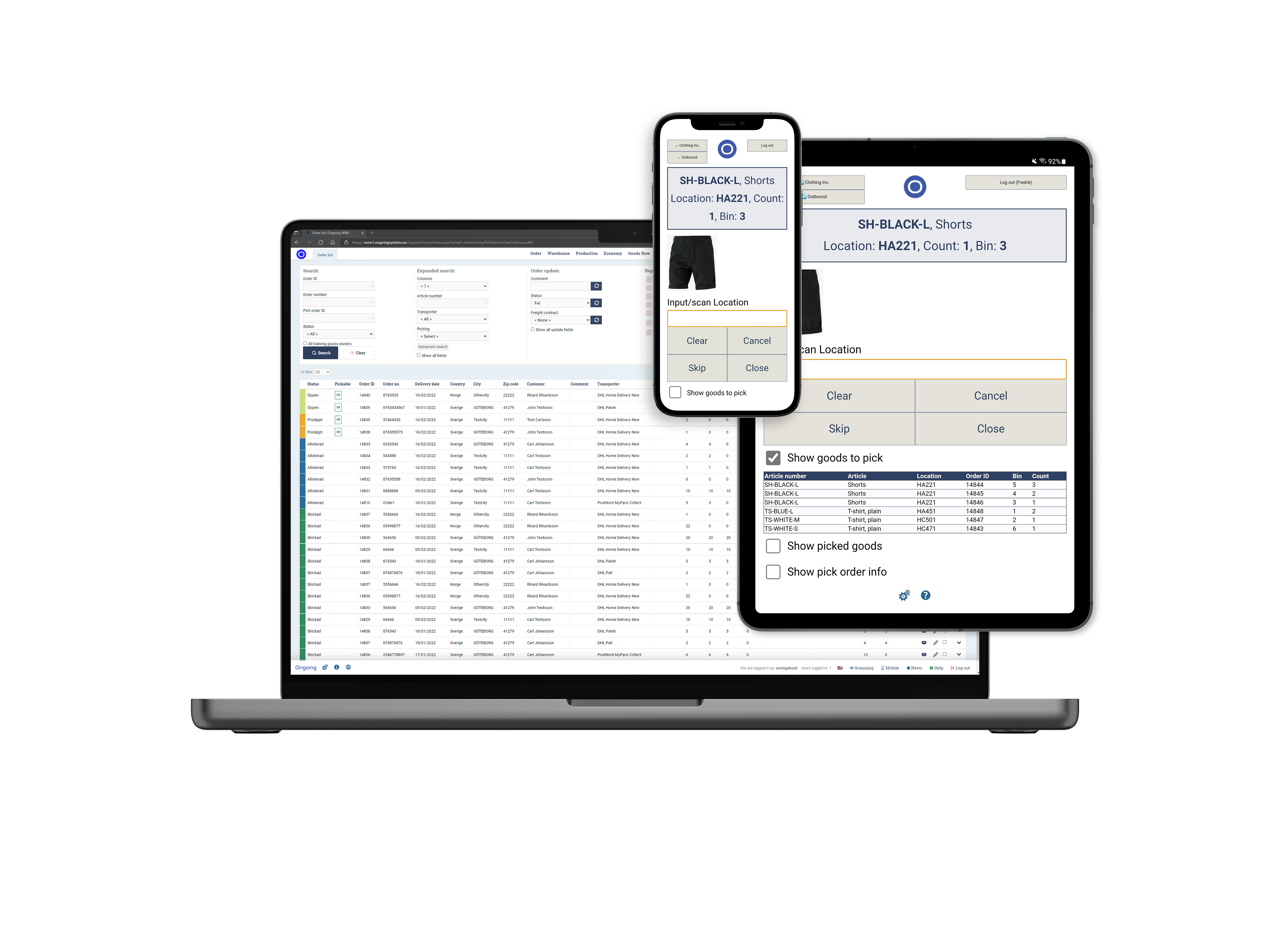 Ongoing WMS displayed on laptop, tablet and smartphone for order and warehouse management