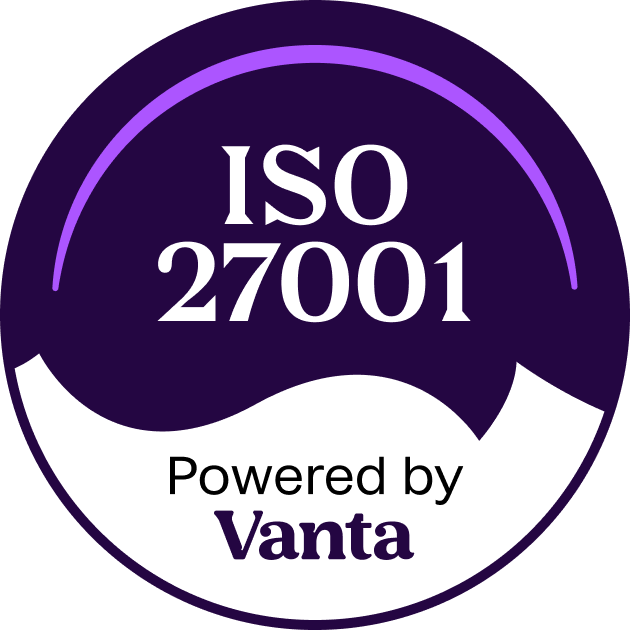 ISO 27001 certified badge by Vanta demonstrating information security compliance