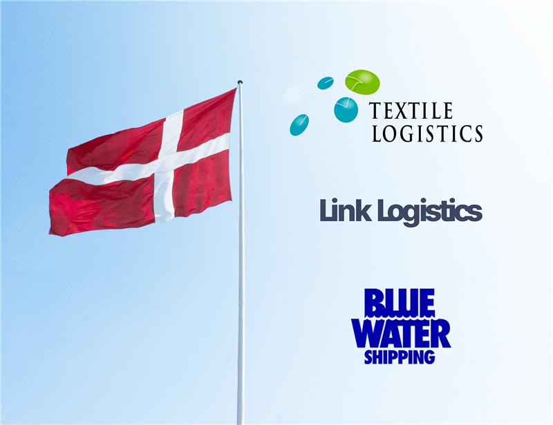 Picture of the danish flag alongside logos of textile logistics, link logistics and blue water shipping