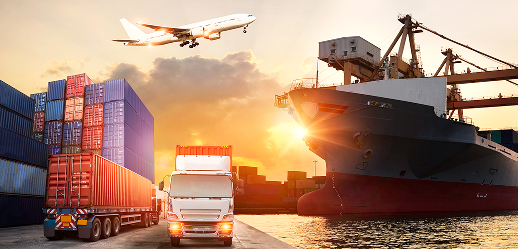 Supply chain with truck, containers, cargo ship and airplane at sunset in port