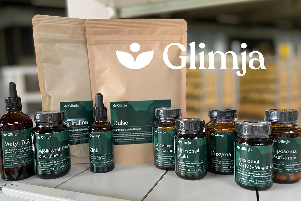 Glimja logo on top of a picture with supplements