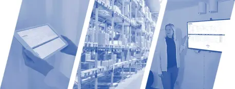 Digital warehouse management with tablet, shelving system and screen presentation