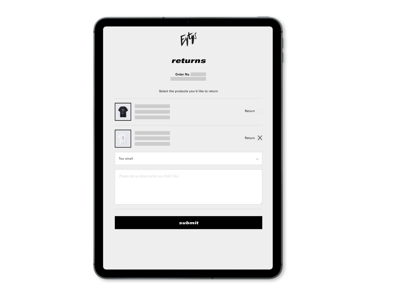 Interface for returnsystem on a tablet