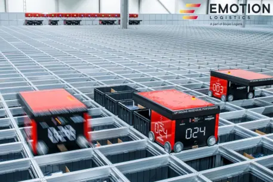 Emotion Logistics logo with automated warehouse robots moving bins in a grid system.